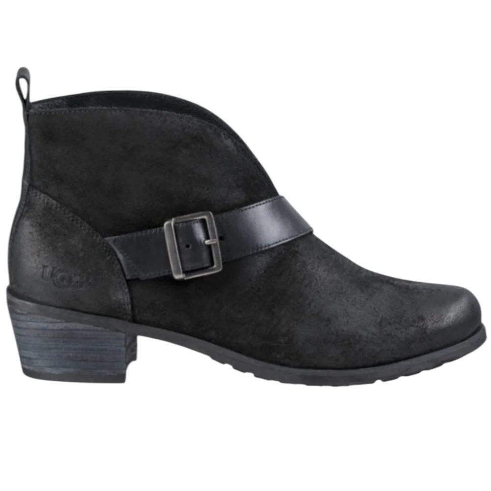 UGG Wright Ankle Boots Suede & Leather Belted Buckle Block Heel Pull On Black 8